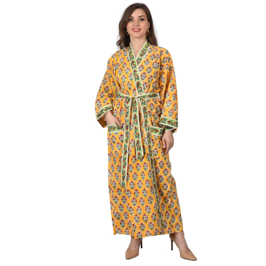 Hand Block Printed Sanganeri Jaipuri Floral Women Casual Kimono Dress Beach wear sleepwear belted dress