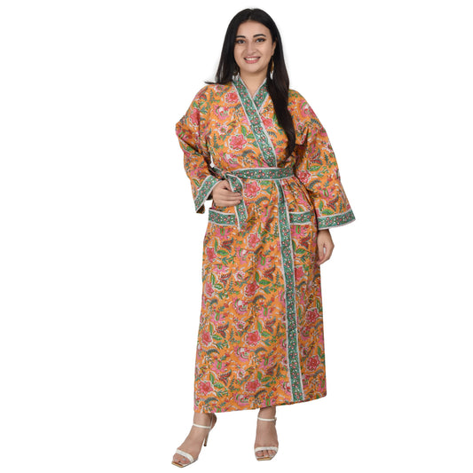 Hand Block Printed Sanganeri Jaipuri Floral Women Casual Kimono Dress Beach wear sleepwear belted dress