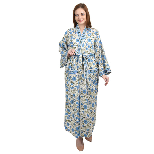 Hand Block Printed Sanganeri Jaipuri Floral Women Casual Kimono Dress Beach wear sleepwear belted dress