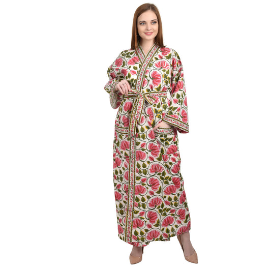 Hand Block Printed Sanganeri Jaipuri Floral Women Casual Kimono Dress Beach wear sleepwear belted dress