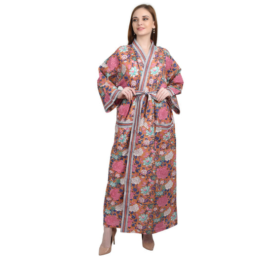 Hand Block Printed Sanganeri Jaipuri Floral Women Casual Kimono Dress Beach wear sleepwear belted dress