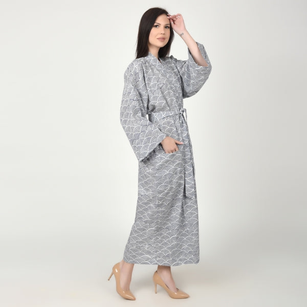 Hand Block Printed Sanganeri Jaipuri Floral Women Casual Kimono Dress Beach wear sleepwear belted dress