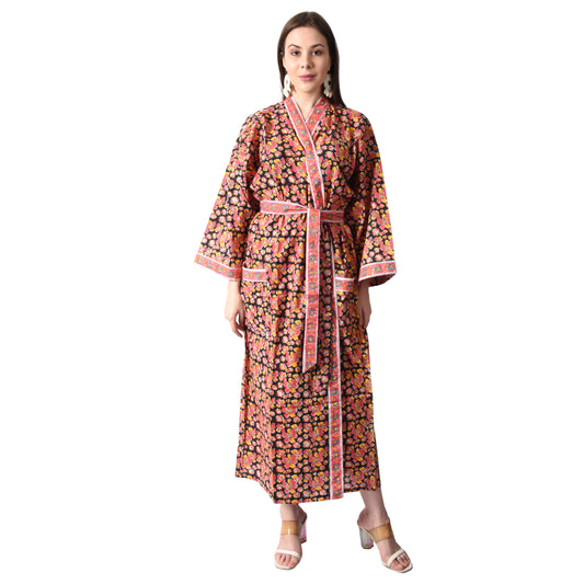 Hand Block Printed Sanganeri Jaipuri Floral Women Casual Kimono Dress Beach wear sleepwear belted dress