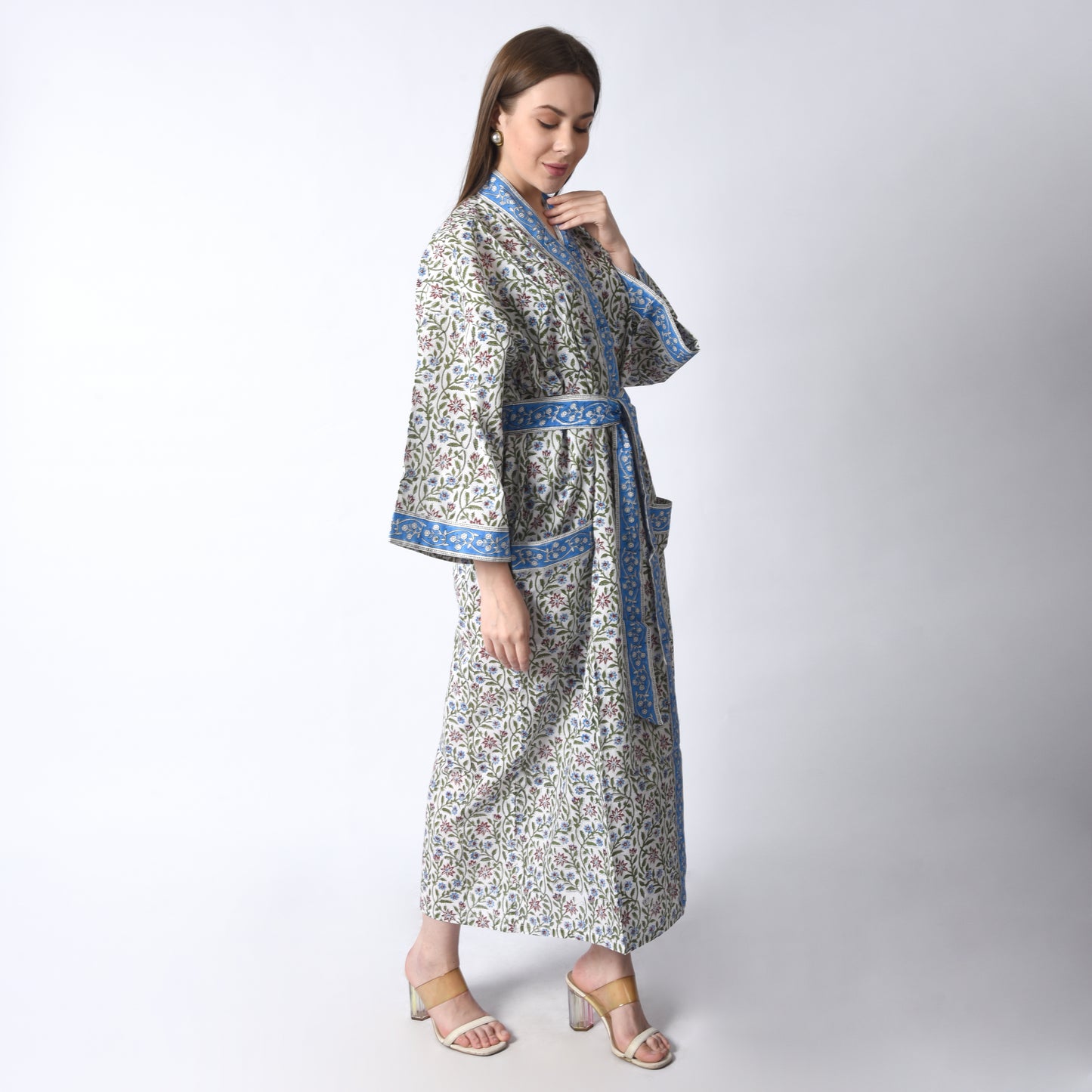 Hand Block Printed Sanganeri Jaipuri Floral Women Casual Kimono Dress Beach wear sleepwear belted dress