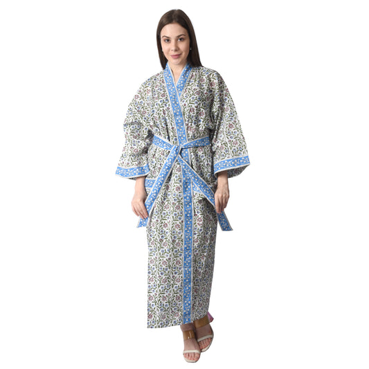 Hand Block Printed Sanganeri Jaipuri Floral Women Casual Kimono Dress Beach wear sleepwear belted dress